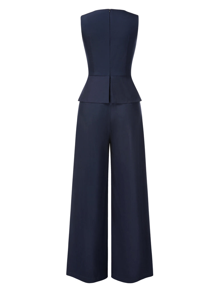 [Pre-Sale] Blue 1940s Solid Ruched Twisted Sleeveless Jumpsuit
