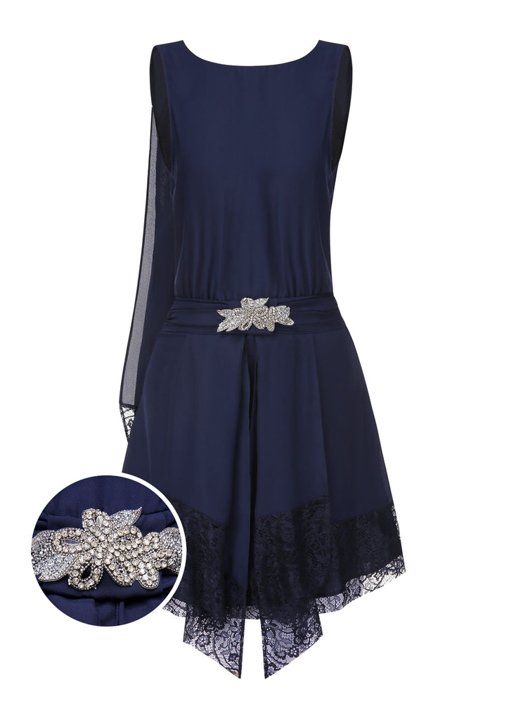 Blue 1920s Lace Patchwork Rhinestone Dress