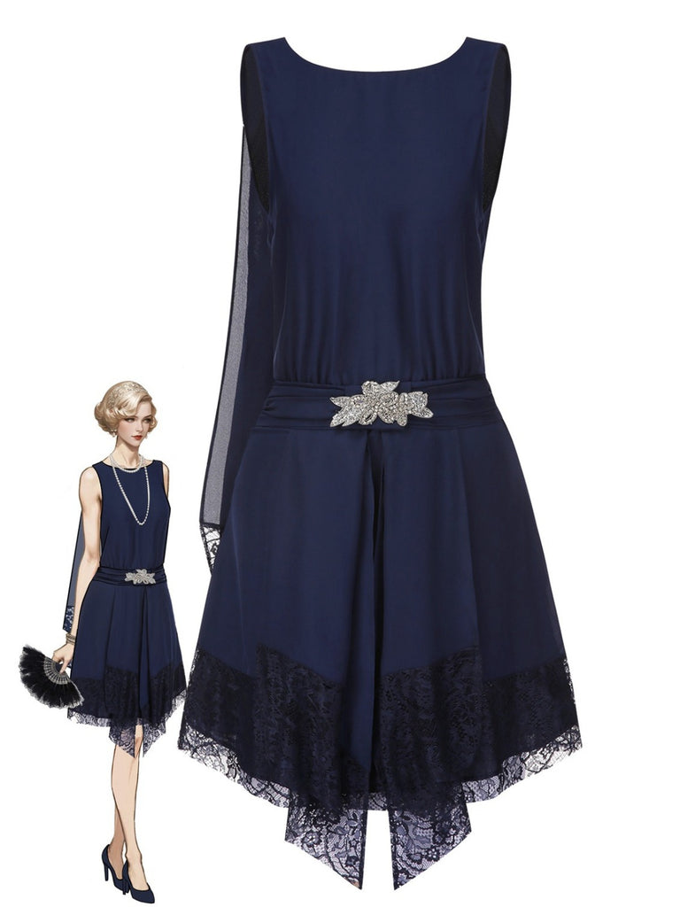 Blue 1920s Lace Patchwork Rhinestone Dress