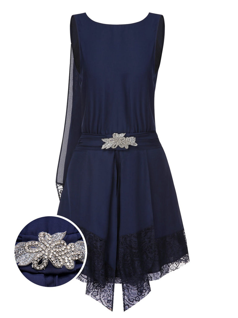 Blue 1920s Lace Patchwork Rhinestone Dress