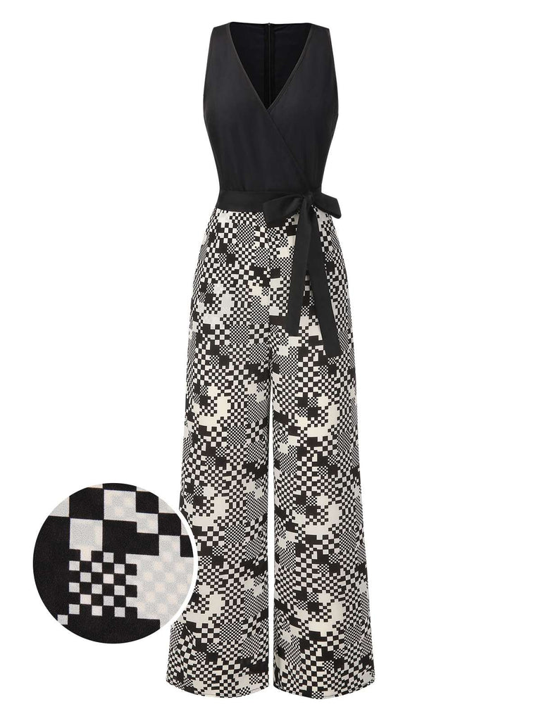 [Pre-Sale] Black 1960s Mosaic Irregular Check V-Neck Jumpsuit
