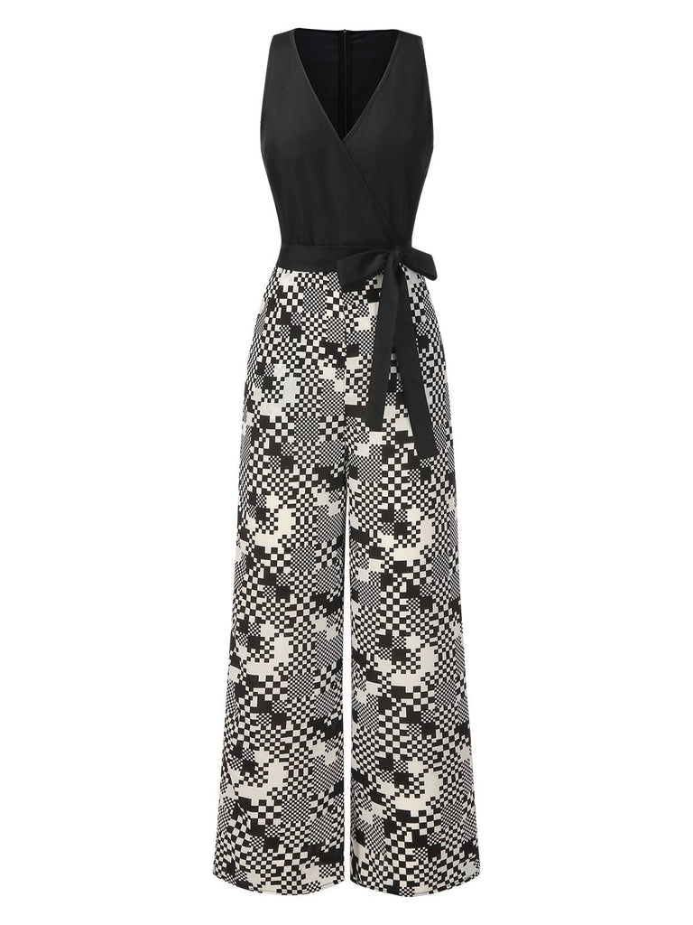 [Pre-Sale] Black 1960s Mosaic Irregular Check V-Neck Jumpsuit