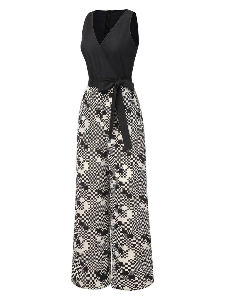 [Pre-Sale] Black 1960s Mosaic Irregular Check V-Neck Jumpsuit
