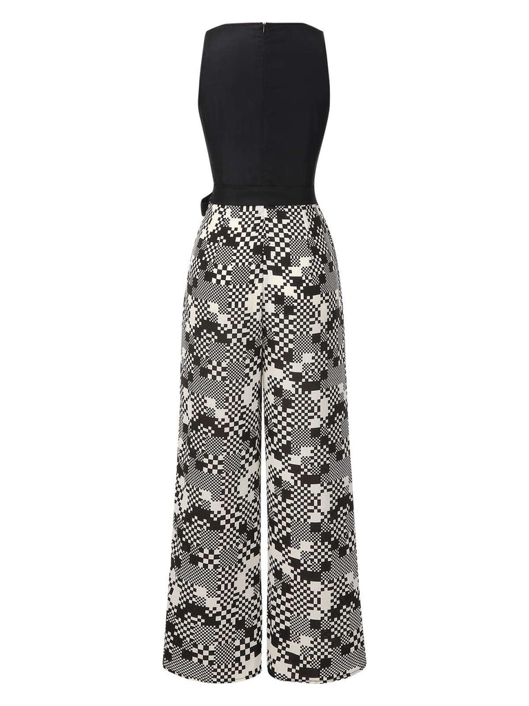 [Pre-Sale] Black 1960s Mosaic Irregular Check V-Neck Jumpsuit