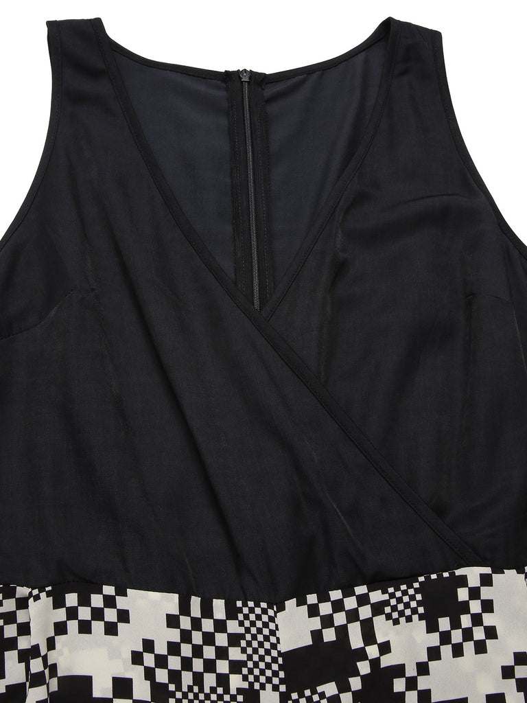 [Pre-Sale] Black 1960s Mosaic Irregular Check V-Neck Jumpsuit