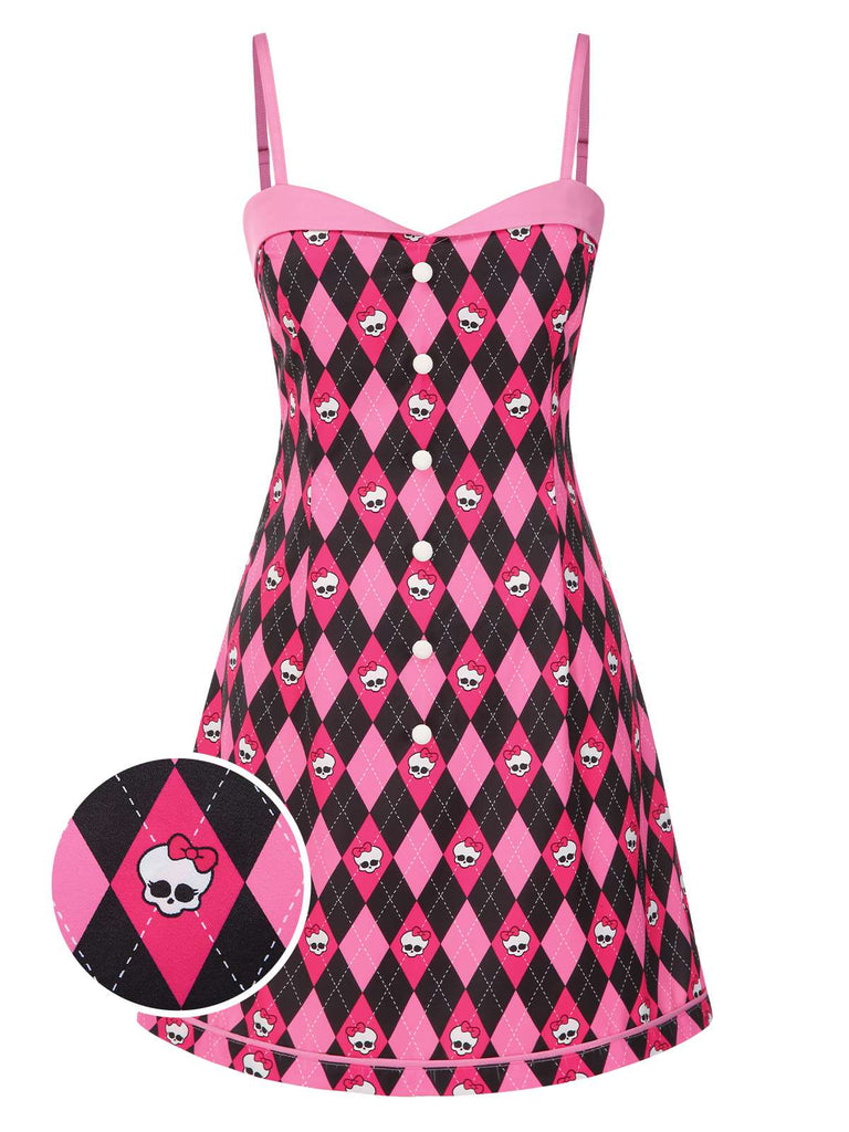 [Pre-Sale] Black & Pink 1960s Halloween Skeleton Bow Diamond Dress