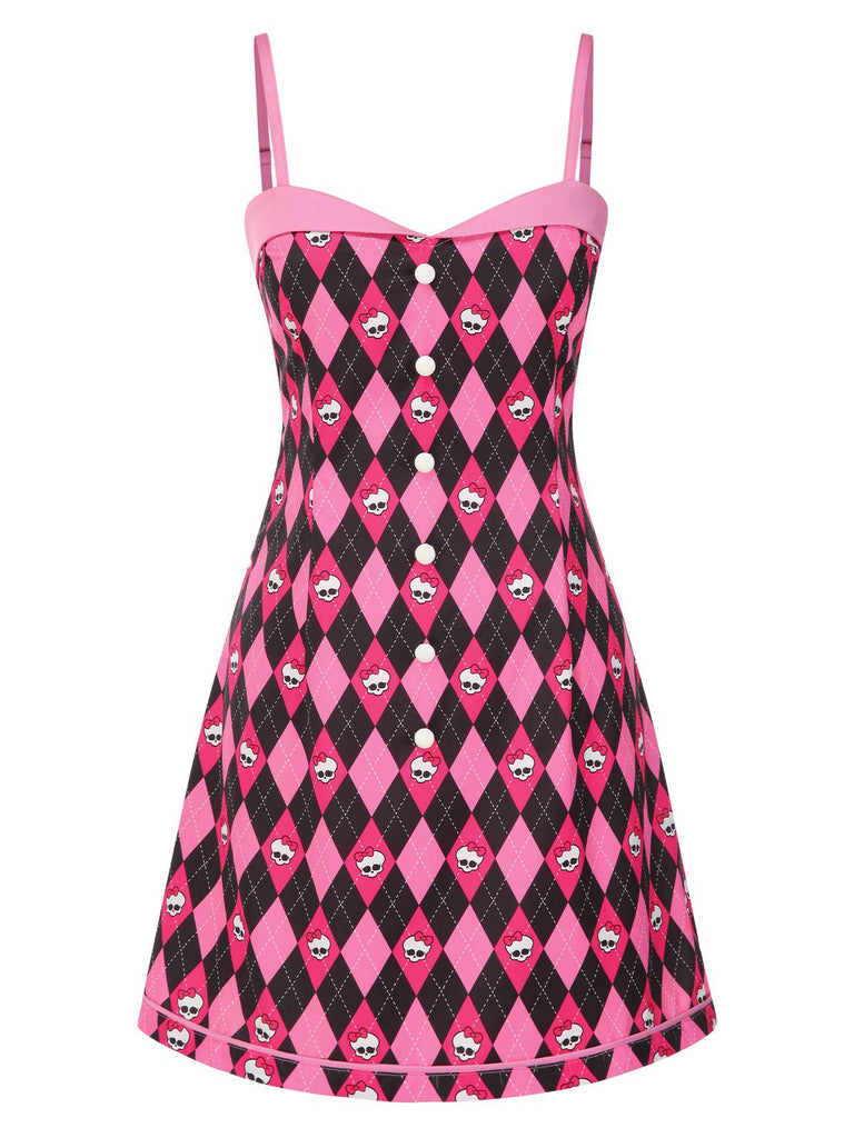 [Pre-Sale] Black & Pink 1960s Halloween Skeleton Bow Diamond Dress