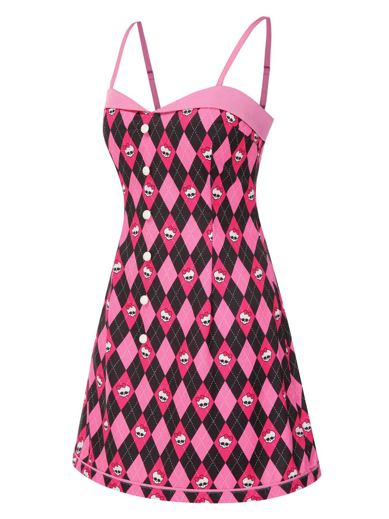 [Pre-Sale] Black & Pink 1960s Halloween Skeleton Bow Diamond Dress