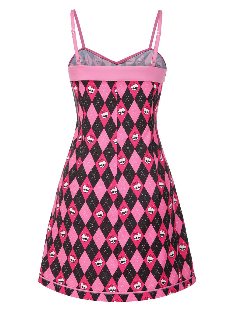 [Pre-Sale] Black & Pink 1960s Halloween Skeleton Bow Diamond Dress