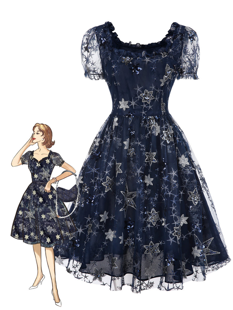 [Pre-Sale] Blue 1950s Star Sequined Mesh Ruffled Princess Dress