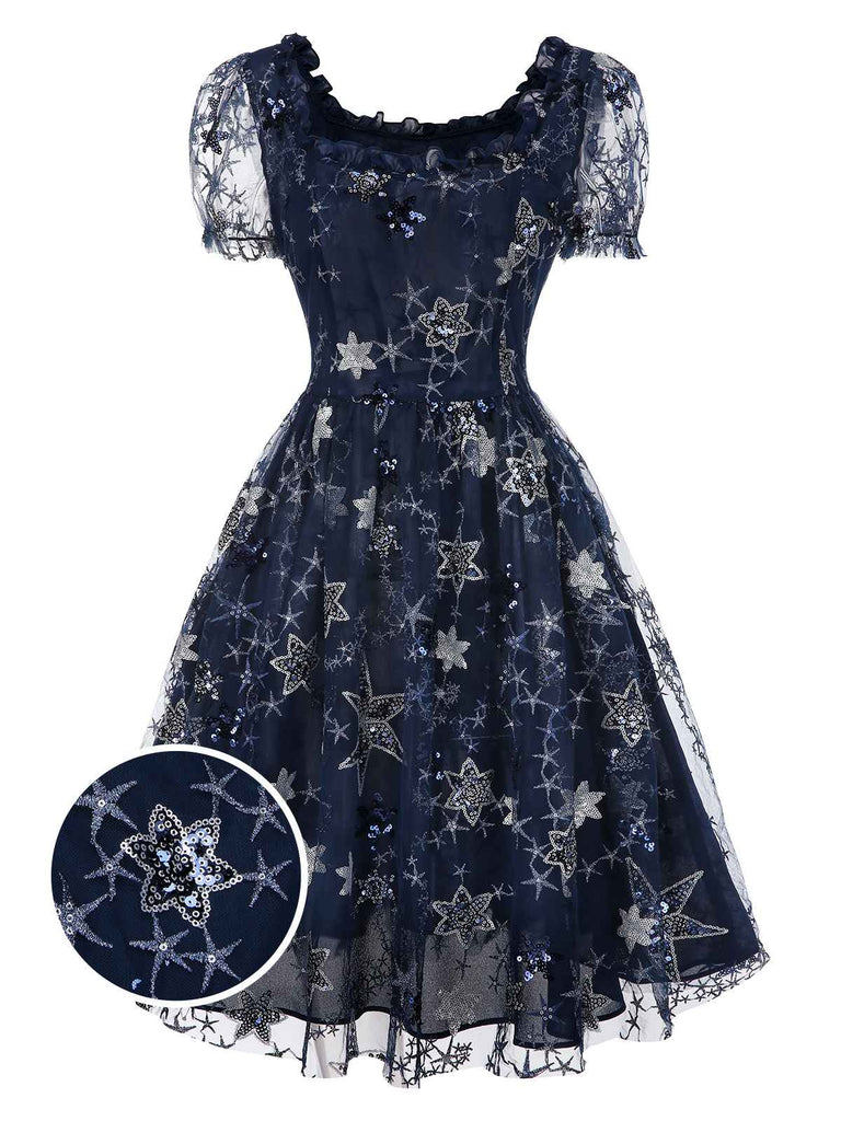 [Pre-Sale] Blue 1950s Star Sequined Mesh Ruffled Princess Dress