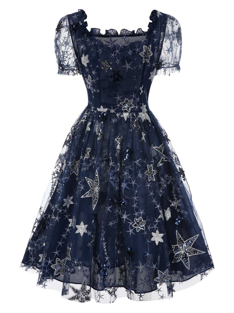 [Pre-Sale] Blue 1950s Star Sequined Mesh Ruffled Princess Dress