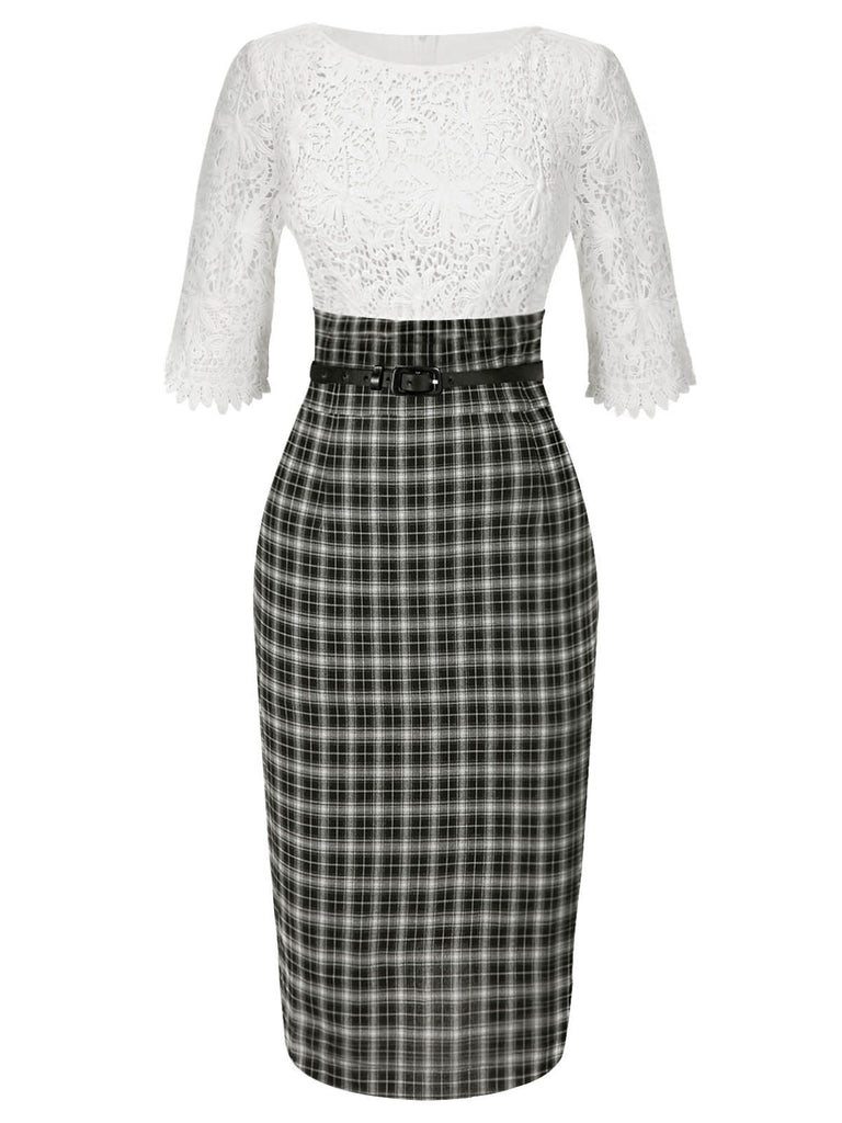 [Pre-Sale] White 1960s Embroidered Lace Check Belted Pencil Dress