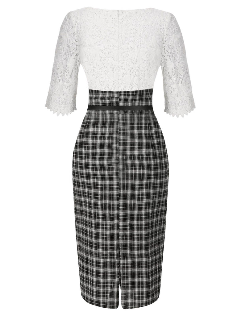 [Pre-Sale] White 1960s Embroidered Lace Check Belted Pencil Dress