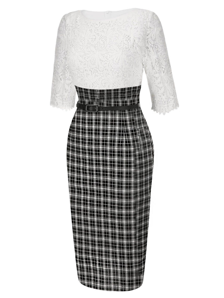 [Pre-Sale] White 1960s Embroidered Lace Check Belted Pencil Dress