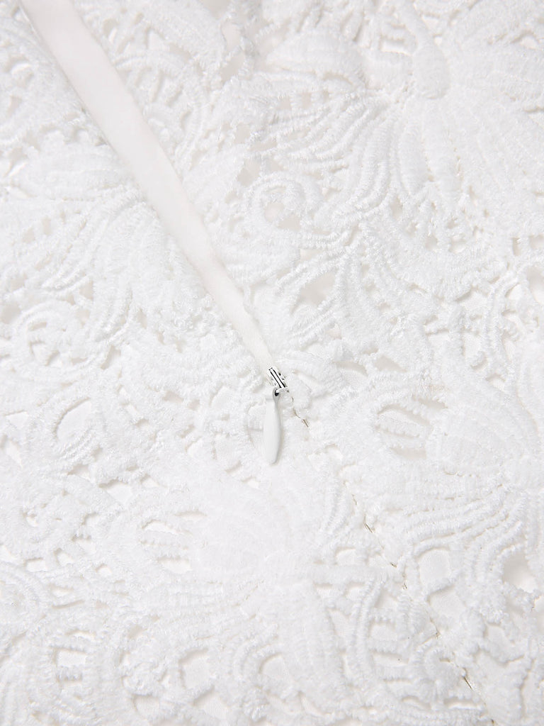 [Pre-Sale] White 1960s Embroidered Lace Check Belted Pencil Dress