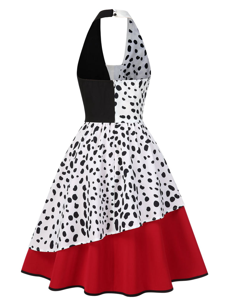Red 1970s Irregular Contrast Halter Dalmatian Dress