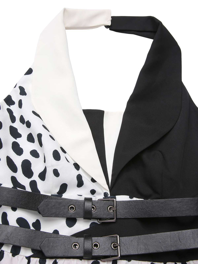 Red 1970s Irregular Contrast Halter Dalmatian Dress