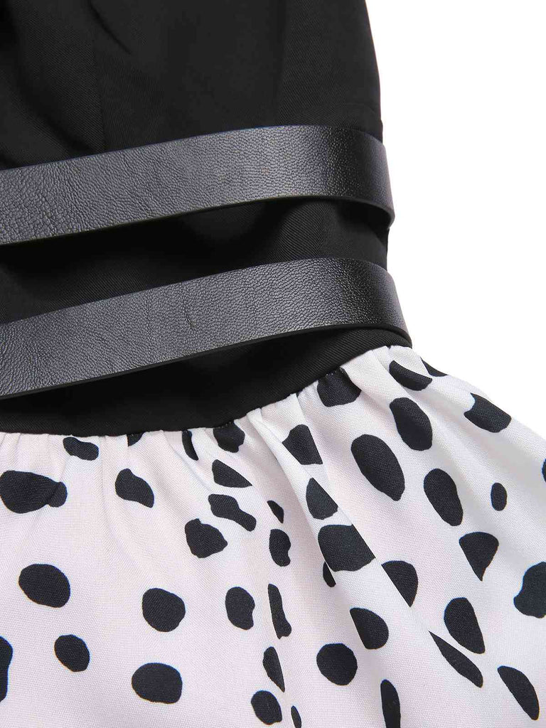 Red 1970s Irregular Contrast Halter Dalmatian Dress