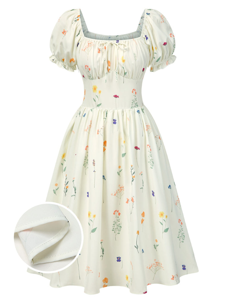 [Pre-Sale] Beige 1950s Square Neck Pleated Floral Dress