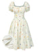 [Pre-Sale] Beige 1950s Square Neck Pleated Floral Dress