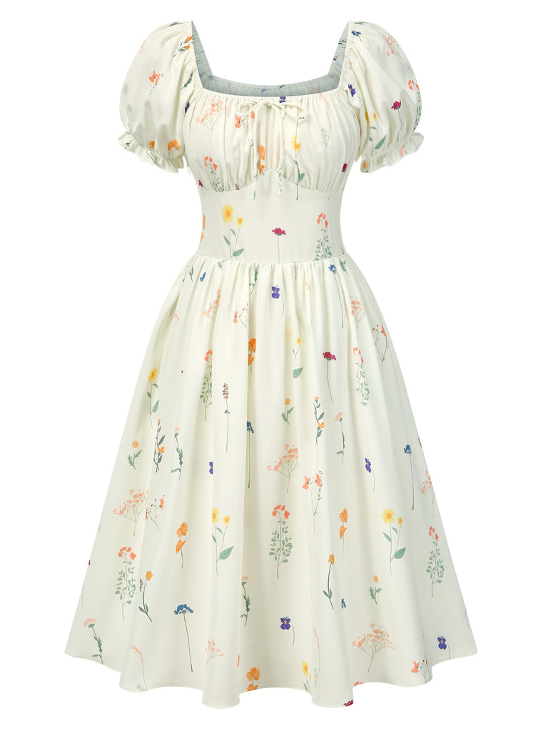 [Pre-Sale] Beige 1950s Square Neck Pleated Floral Dress