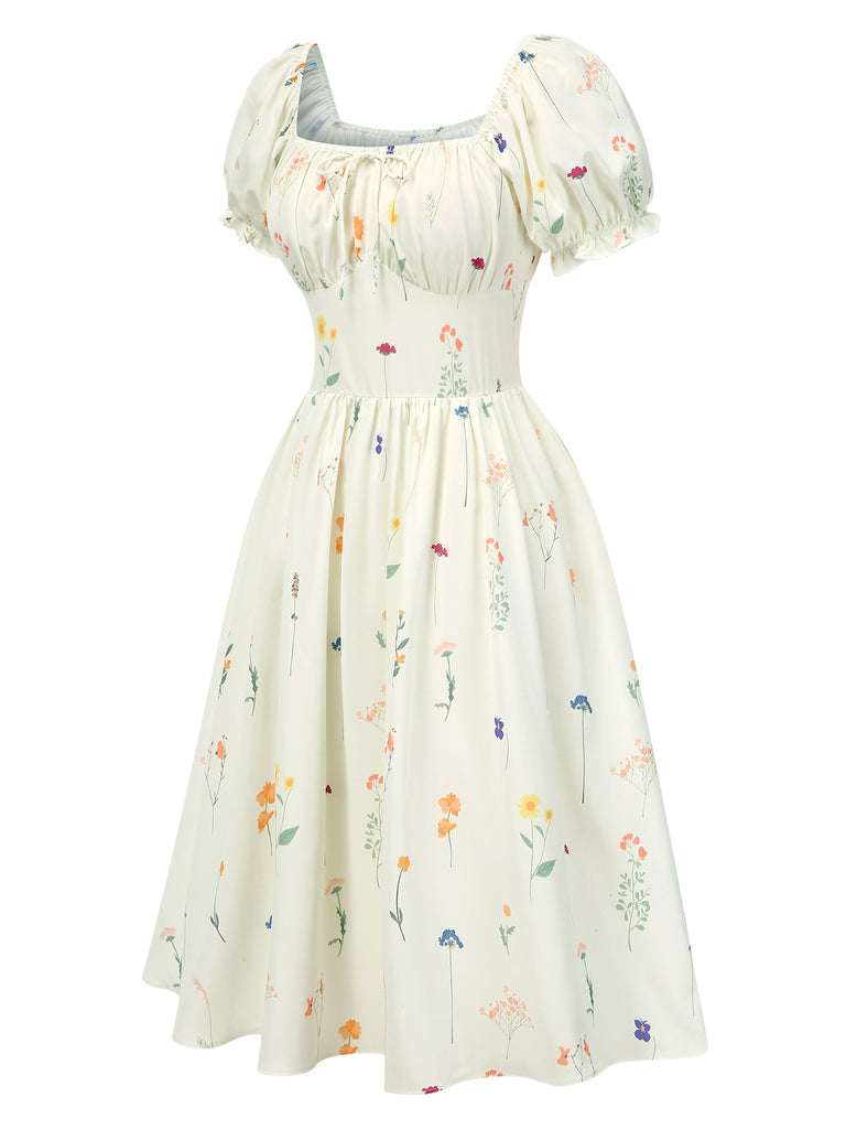 [Pre-Sale] Beige 1950s Square Neck Pleated Floral Dress