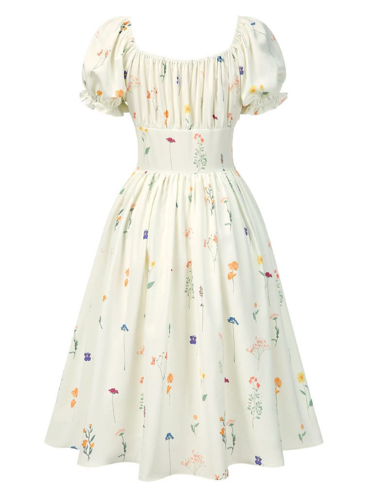 [Pre-Sale] Beige 1950s Square Neck Pleated Floral Dress
