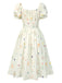 [Pre-Sale] Beige 1950s Square Neck Pleated Floral Dress