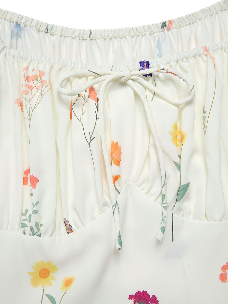 [Pre-Sale] Beige 1950s Square Neck Pleated Floral Dress