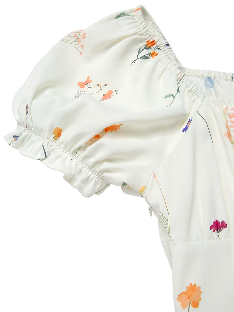 [Pre-Sale] Beige 1950s Square Neck Pleated Floral Dress