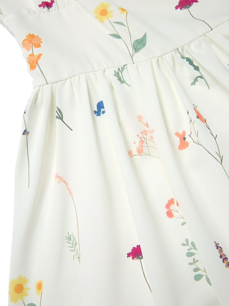 [Pre-Sale] Beige 1950s Square Neck Pleated Floral Dress