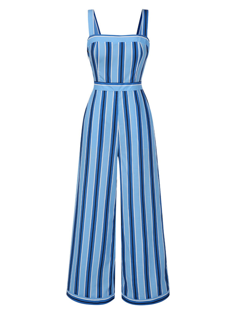 [Pre-Sale] Blue 1950s Wide Strap Vertical Stripe Jumpsuit