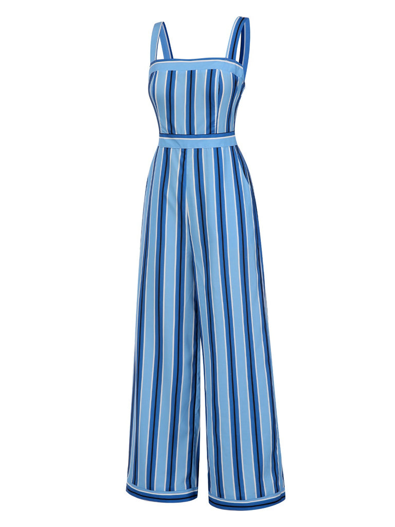 [Pre-Sale] Blue 1950s Wide Strap Vertical Stripe Jumpsuit