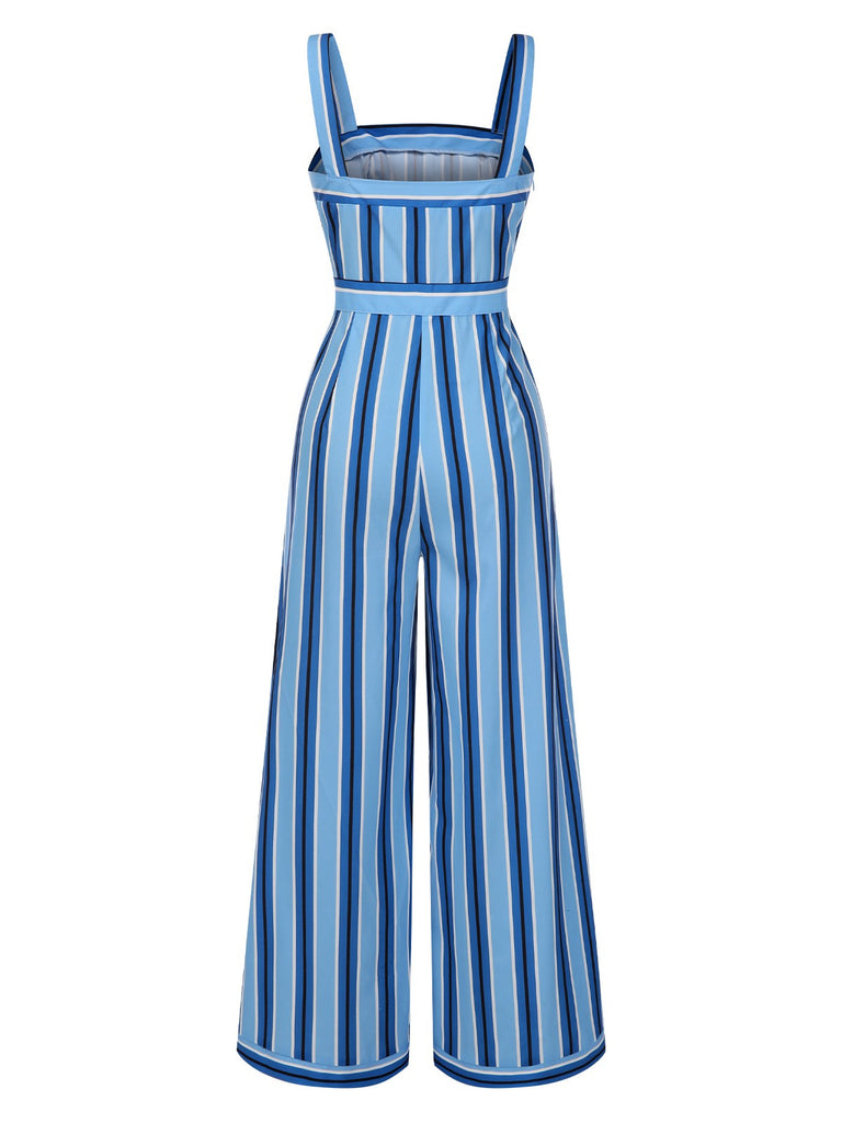 [Pre-Sale] Blue 1950s Wide Strap Vertical Stripe Jumpsuit