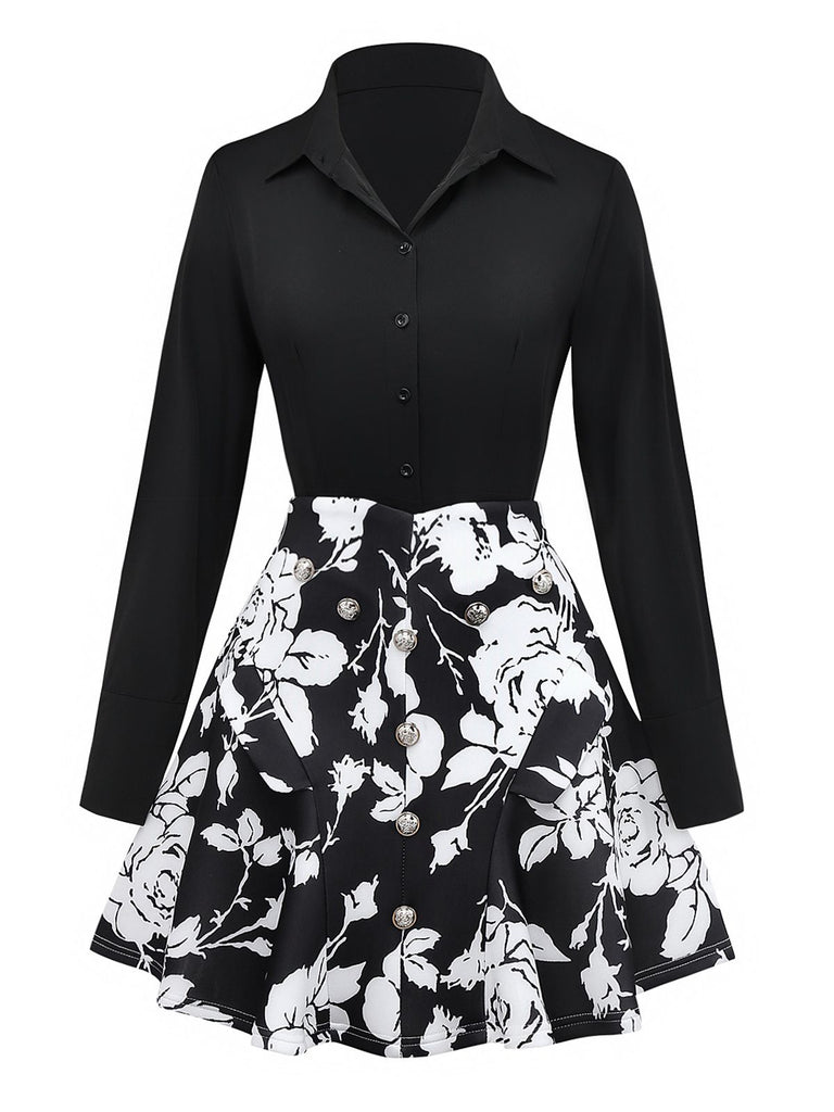2PCS Black 1950s Lapel Blouse & Floral Skirt