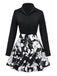 2PCS Black 1950s Lapel Blouse & Floral Skirt