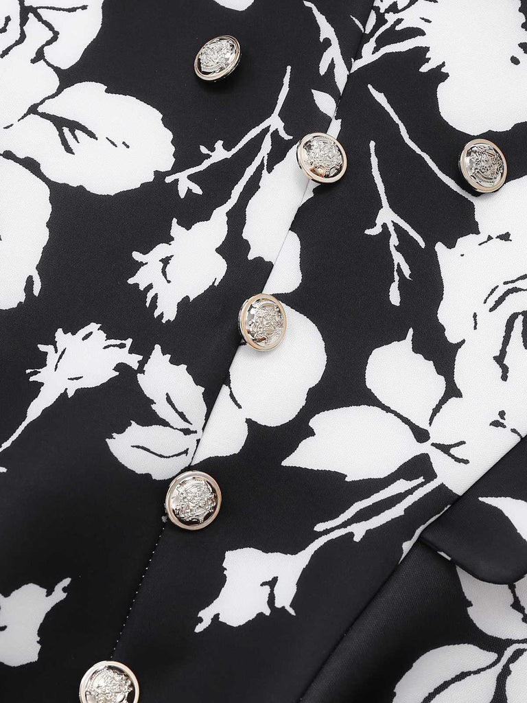 2PCS Black 1950s Lapel Blouse & Floral Skirt