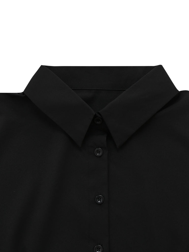 2PCS Black 1950s Lapel Blouse & Floral Skirt