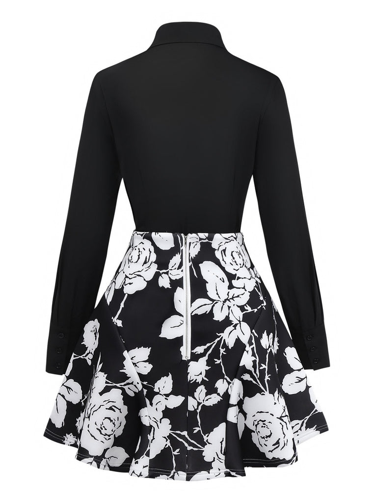 2PCS Black 1950s Lapel Blouse & Floral Skirt