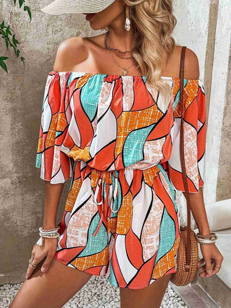 Orange 1950s Geometric Drawstring Off-Shoulder Romper
