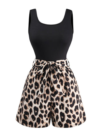 Black 1950s Leopard Square Neck Romper