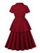 2PCS Red 1950s Solid Ruffled Button Top & Skirt