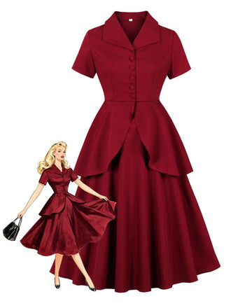 2PCS Red 1950s Solid Ruffled Button Top & Skirt