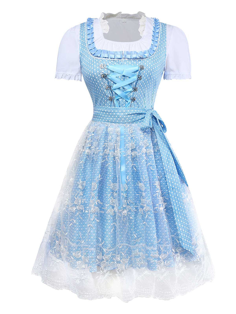 3PCS Blue 1950s Floral Dress & Embroidered Rose Apron