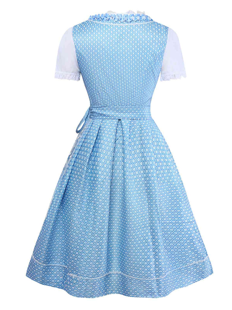 3PCS Blue 1950s Floral Dress & Embroidered Rose Apron