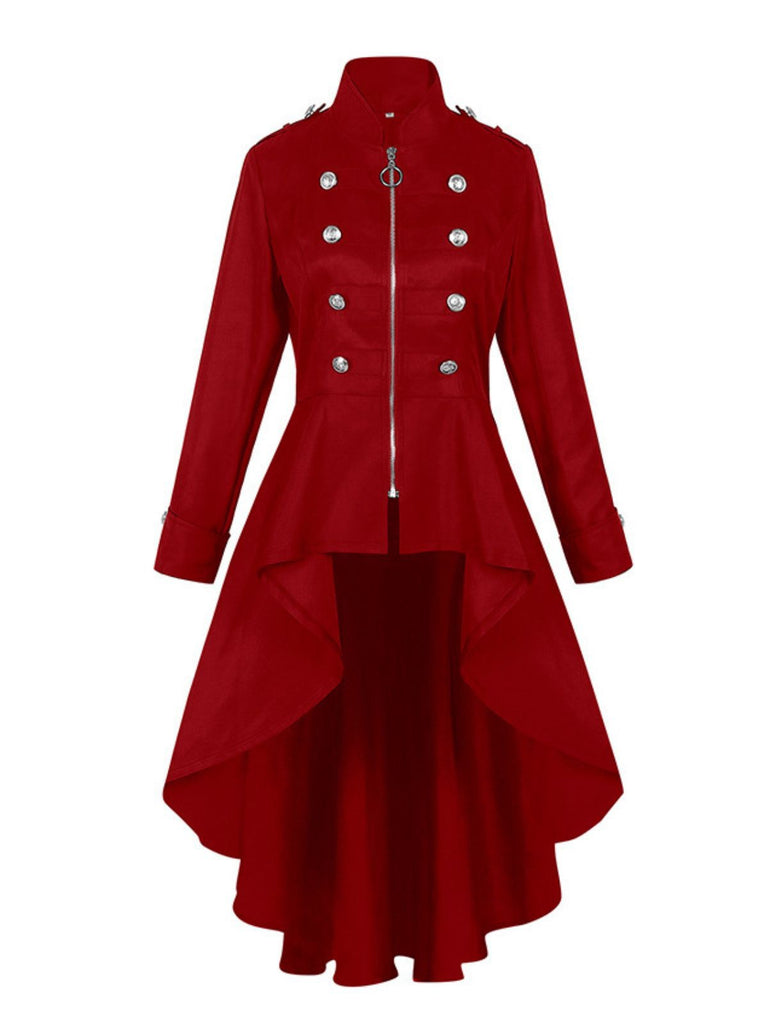 1950s Stand Collar Solid High-Low Hem Button Coat
