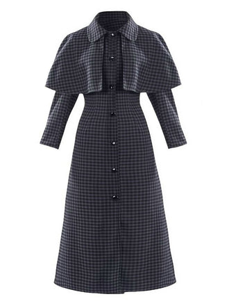 Gray 1950s Halloween Wednesday Plaid Faux-Wool Cape Coat