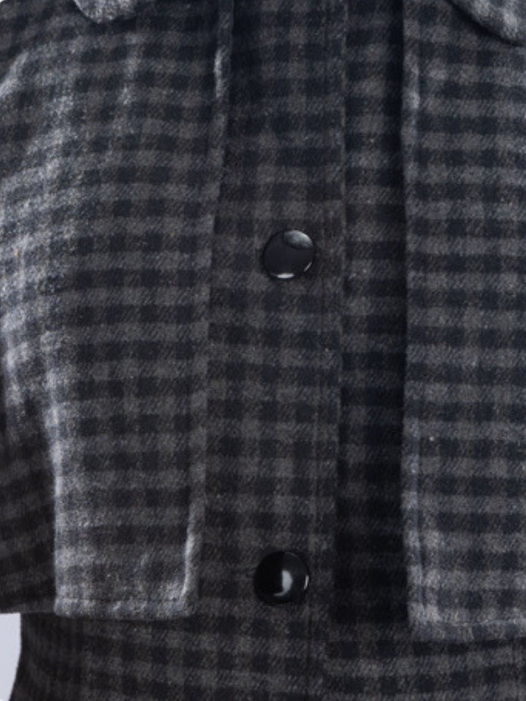 Gray 1950s Halloween Wednesday Plaid Faux-Wool Cape Coat