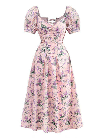 Pink 1940s Lavender Sweetheart Neck Puff Sleeve Dress